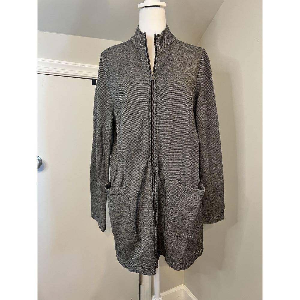Eileen Fisher Womens Medium Gray Striped Full Zip Mock Neck Long Cardigan Jacket